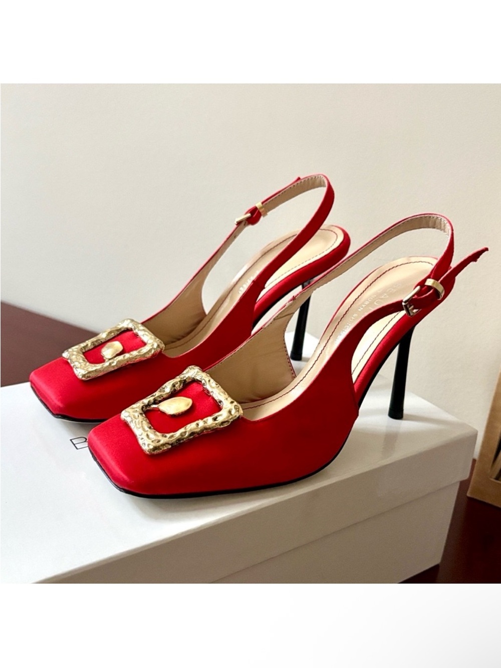 BEAUTIISOLES Melody silk satin red embellished buckle stiletto slingback sz.6